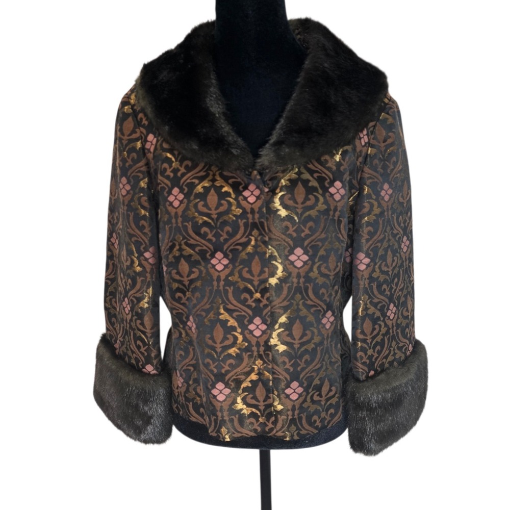 Nine West Tapestry Jacket Faux Fur Collar Brown Gold Floral Womens 8